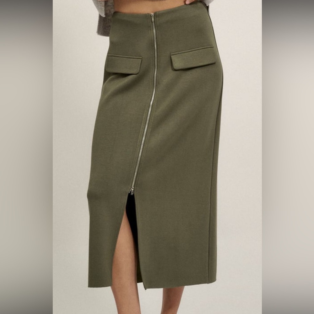 Olive Green Zip-Front Midi Skirt
